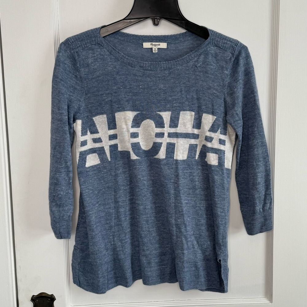 MADEWELL | Aloha Lightweight Blue White Knit Sweater Boatneck 3/4 Sleeve